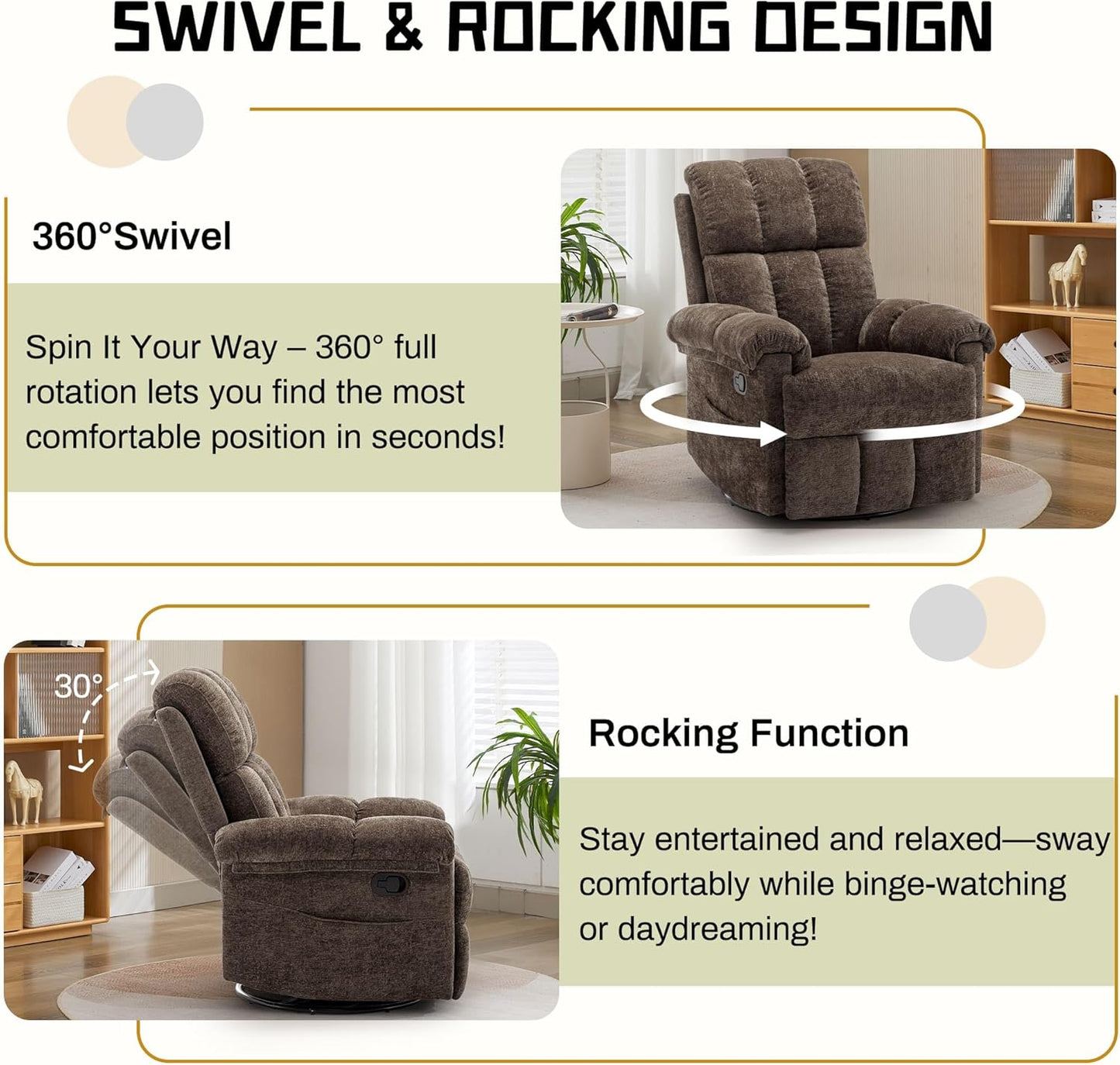 Korser Recliner Chair, Swivel Rocker Recliner Chair for Adults, Small Recliners for Small Spaces, Upholstered Manual Recliner with Side Pockets, Nursery Rocking Chair for Living Room, Chenille, Beige