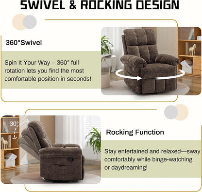 Korser Recliner Chair, Swivel Rocker Recliner Chair for Adults, Small Recliners for Small Spaces, Upholstered Manual Recliner with Side Pockets, Nursery Rocking Chair for Living Room, Chenille, Beige