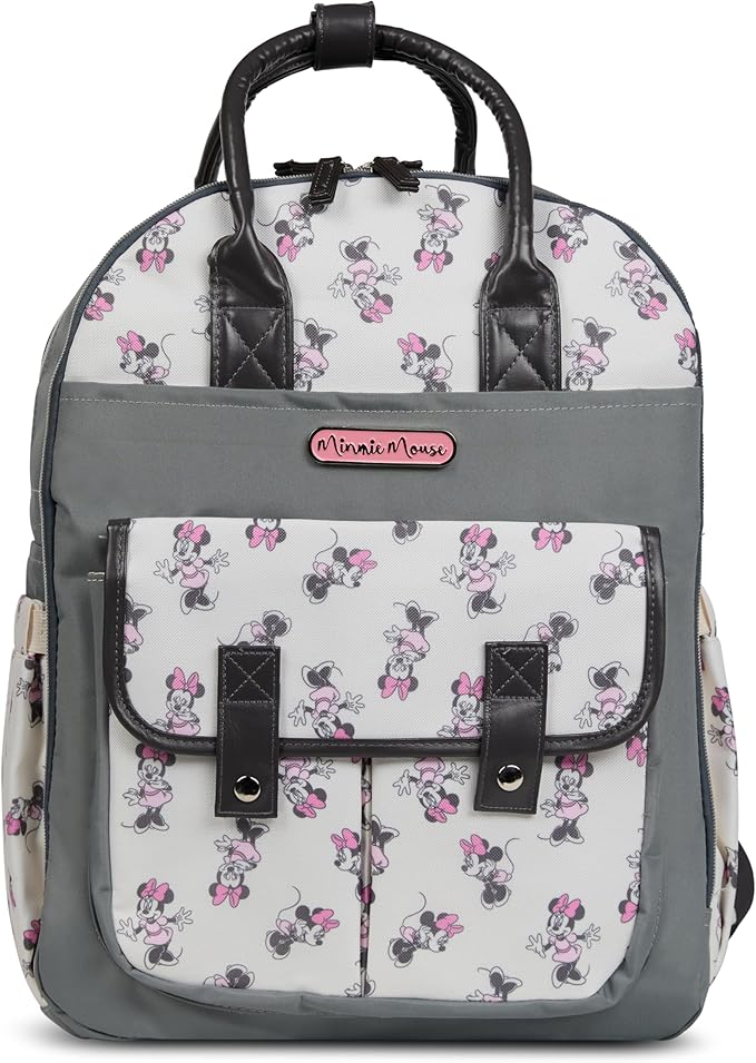 Disney Diaper Bag Backpack with Changing Pad Minnie Mouse – 16” Nylon Baby Bag for Parents, Insulated Bottle Holders, Multiple Storage Pockets