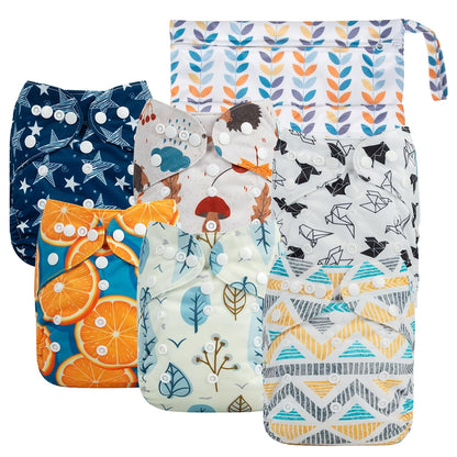 babygoal Cloth Diaper Covers 6 Pack with Wet Bag for Fitted Diapers and Prefolds with Double Gussets, Adjustable and Reusable for Baby Boys and Girls