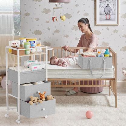 Modanais Baby Diaper Caddy Organizer Cart with Drawers - 3In1 Rolling Storage Cart with Wheels, Removable Diaper Caddy, Detachable Dividers - for Crib, Bedroom, Art & Craft Organizer (Off White)