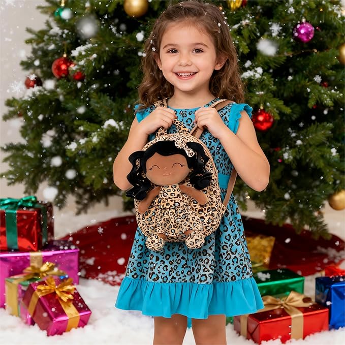 Gloveleya Toddler Backpack Baby Girl Gifts Curly Hair Plush Figures Dress Backpack Kids Backpack Curly Hair Spring Girl - Black Leopard 9inches