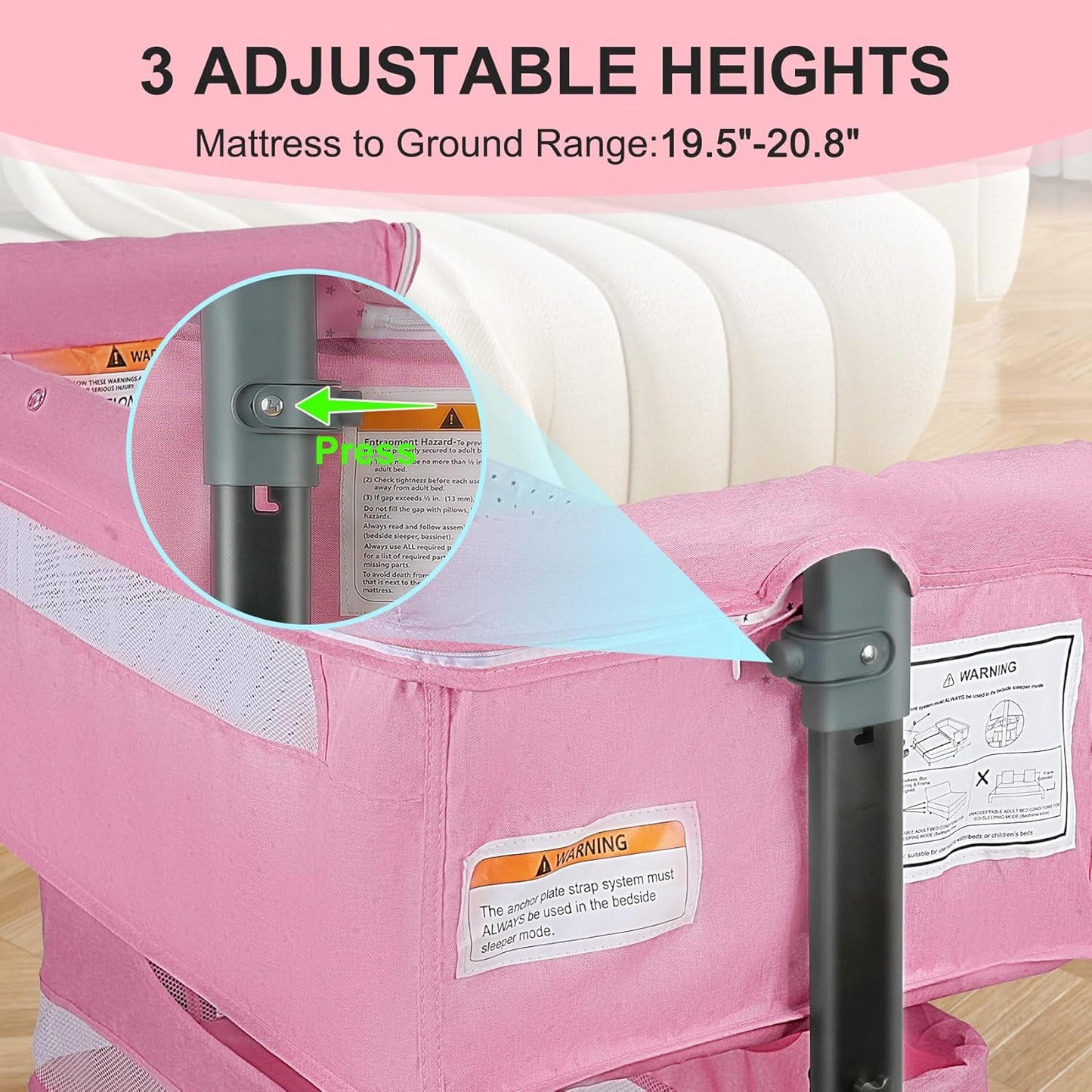 BIERUM Bassinet 4 in 1 - Bedside Bassinet for Baby, Height Adjustable Bassinet Bedside Crib with Lockable Wheels & Mosquito Nets, Large Storage Bag & Comfortable Mattresses Included.
