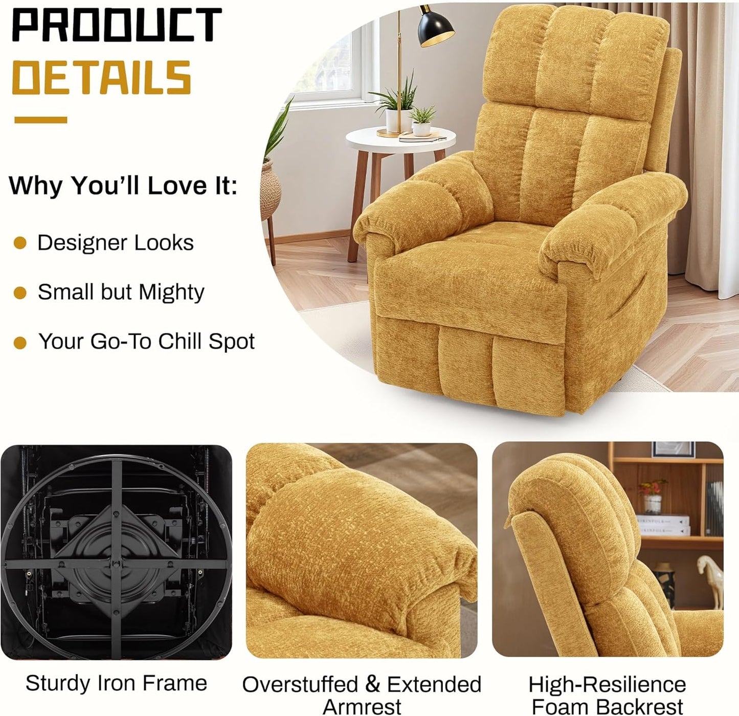 Korser Recliner Chair, Swivel Rocker Recliner Chair for Adults, Small Recliners for Small Spaces, Upholstered Manual Recliner with Side Pockets, Nursery Rocking Chair for Living Room, Chenille, Beige