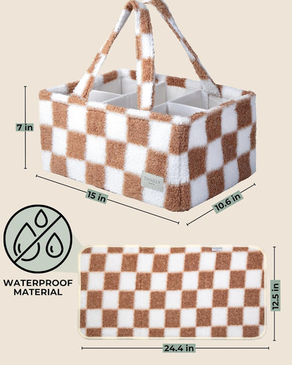 Baby Diaper Caddy Organizer with Portable Changing Mat - Teddy Fleece Diaper Organizer for Changing Table - Basket for Changing Essentials - Baby Essentials Organizer with Removable Dividers