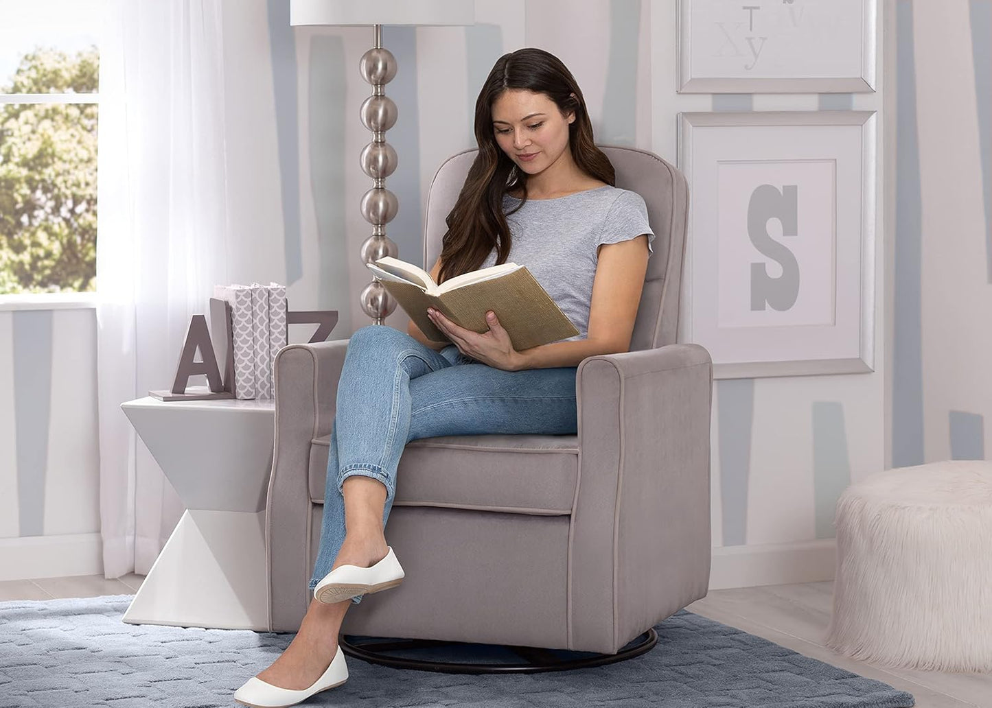 Delta Children Clair Slim Nursery Glider Swivel Rocker Chair, Dove Grey
