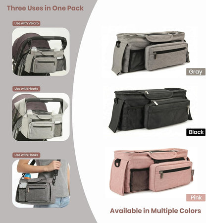 Black Universal Stroller Organizer with 2 Insulated Cup Holders, 3-in-1 Stroller Caddy with Detachable Phone Bag & Non-Slip Shoulder Strap, Fits Uppababy, Nuna, Doona, Baby Essentials