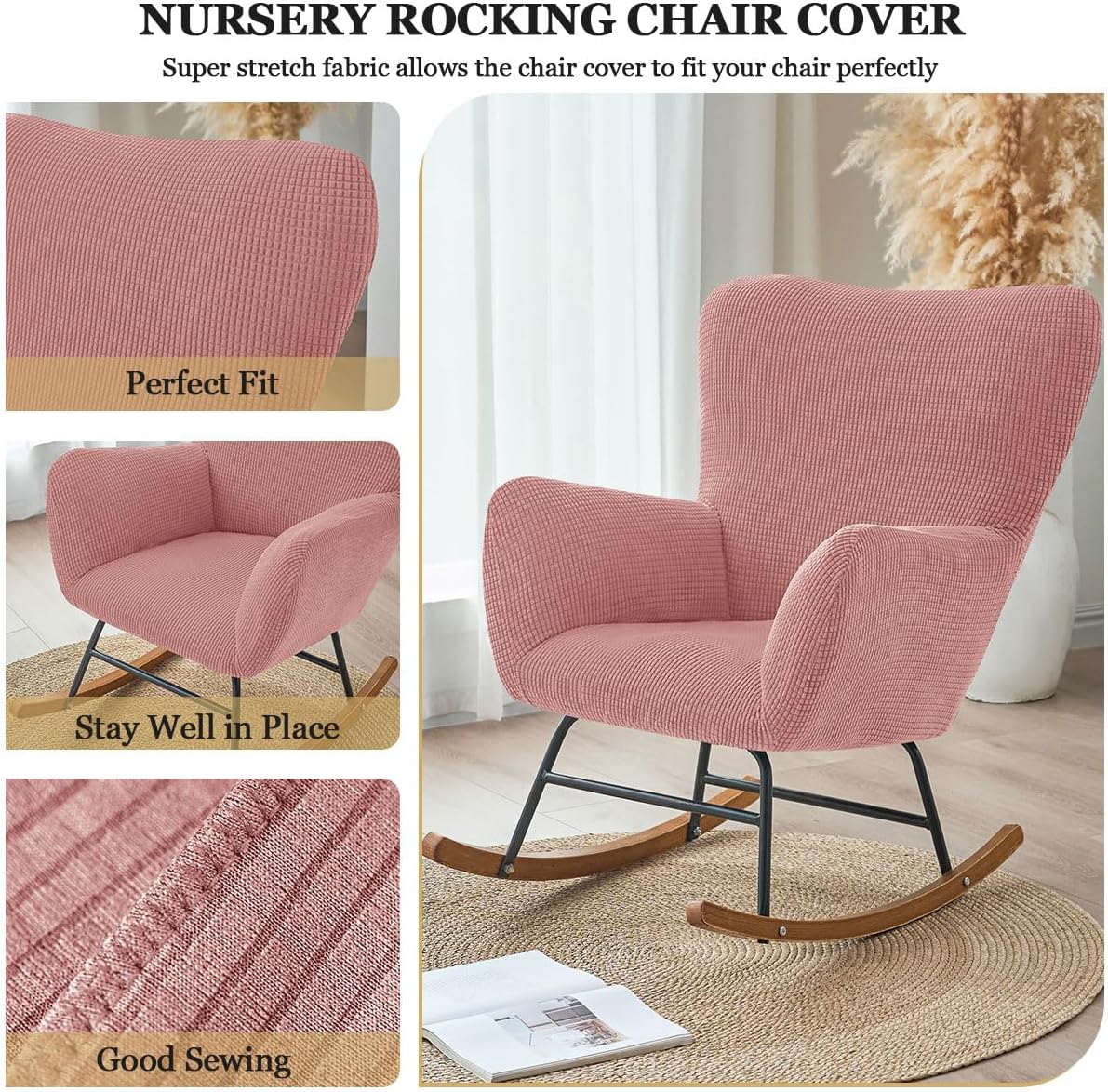 Levoberg Nursery Rocking Chair Cover Stretch Rocker Glider Chairs Cover Slipcovers Jacquard Rocking Accent Chair Cover Recliner Armchair Slipcover for Nursery Living Room Bedroom Office Black