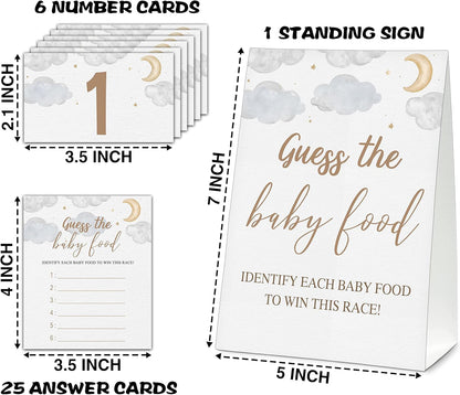 Guess the Baby Food Party Games, Baby Shower Game Set, 1 Standing Sign + 25 Answer Cards + 6 Number Cards, Boho Wild West Gender Reveal Party Decoration Supplies -B05