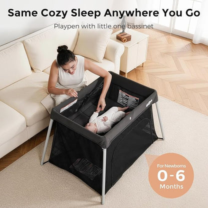 Pamo Babe Travel Crib with Bassinet, Certified Baby Safe Portable Crib, Extra Large Portable Playpen with Mattress & Zipper Door, Lightweight Foldable Pack and Play Baby Travel Bed - Grey