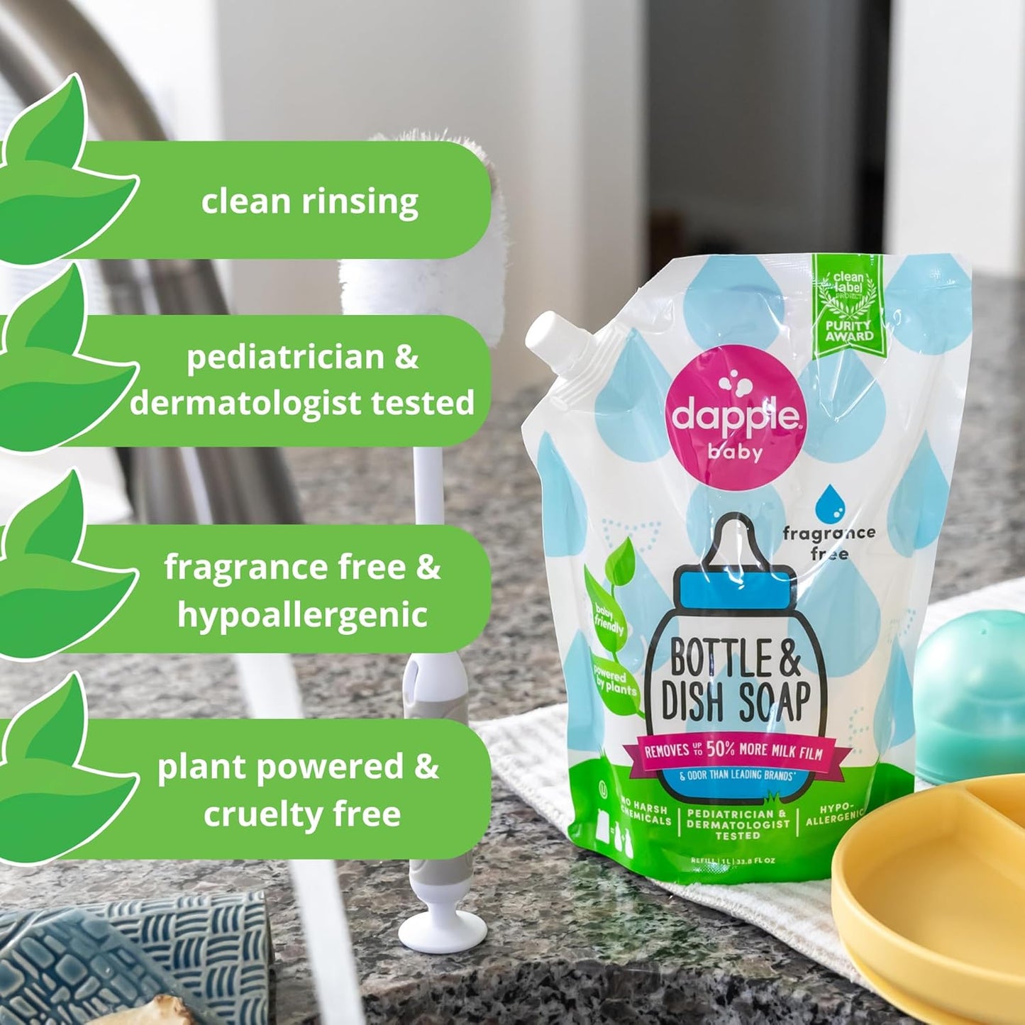 Dapple Baby Fragrance Free Bottle & Dish Soap - (3 Pack) 16.9 fl oz - Cleans Baby Bottles, Sippy Cups, Pacifiers, Breast Pumps, & More - Gently Removes Milk Film & Odors - Includes 1 Pump