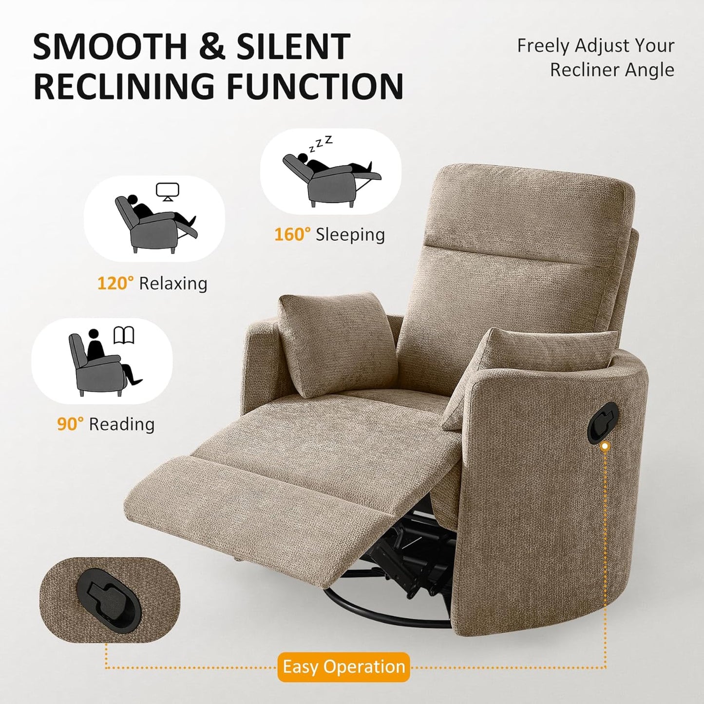 Nursery Rocking Chair, Oversized 360° Swivel Glider Recliner Chair, Upholstered Nursery Rocker with 2 Pillows and Footrest, Cozy Reclining Sofa for Living Room, Bedroom, Nursing, Olive