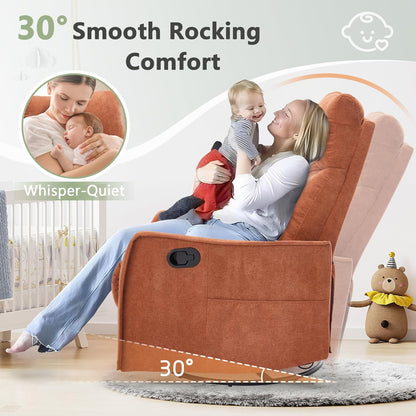 cinkehome Swivel Rocker Recliner, Glider Rocker Recliner Chair for Nursery, Manual Reclining Chair with Heated Massage, Small Spaces, Living Room, Khaki Chenille