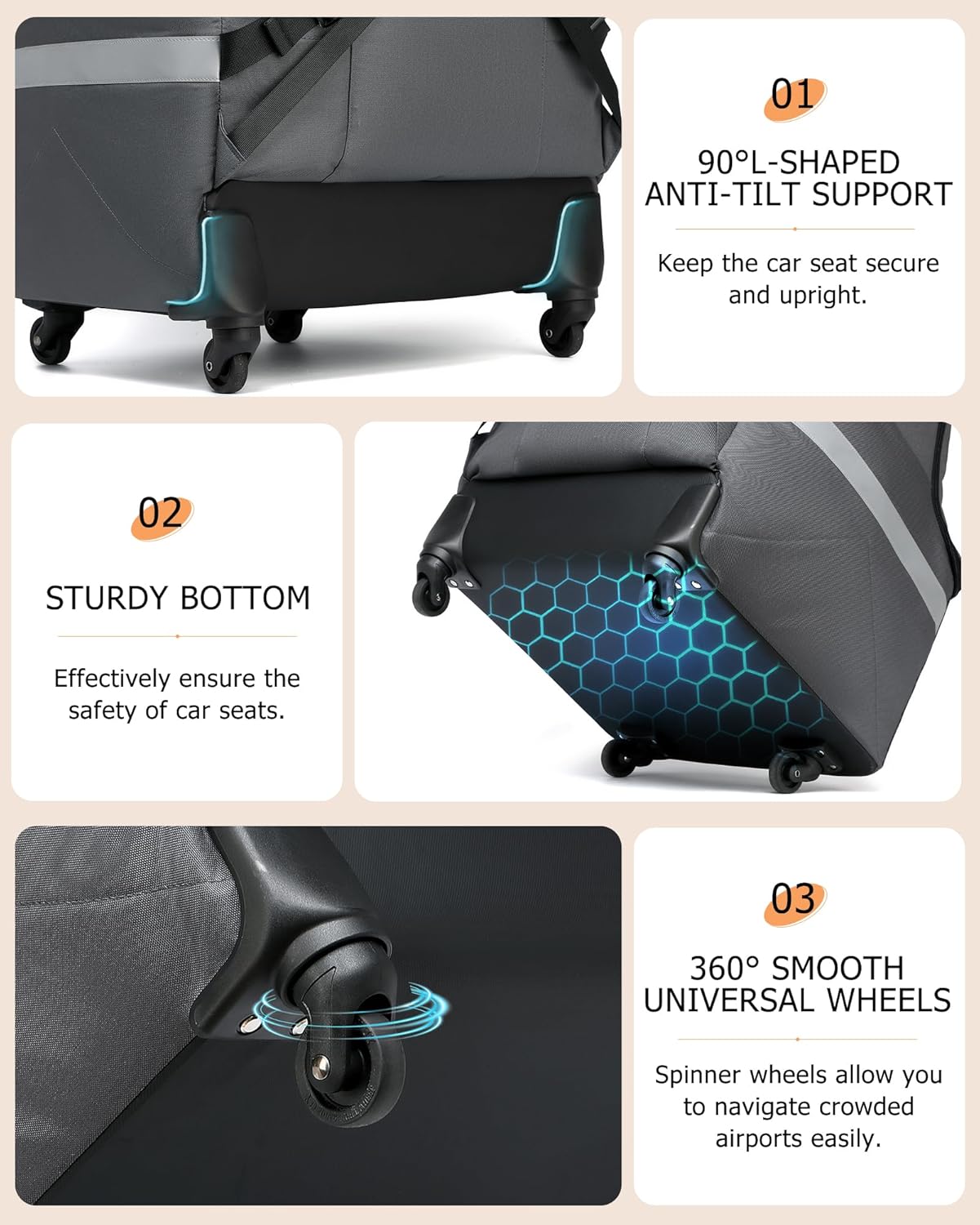 MCBD Car Seat Travel Bag for Airplane, Foldable Baby Carseat Backpack for Travel Padded Carseat Carrier for Airport Gate Check, Infant Stroller Cover with Reflective Strips