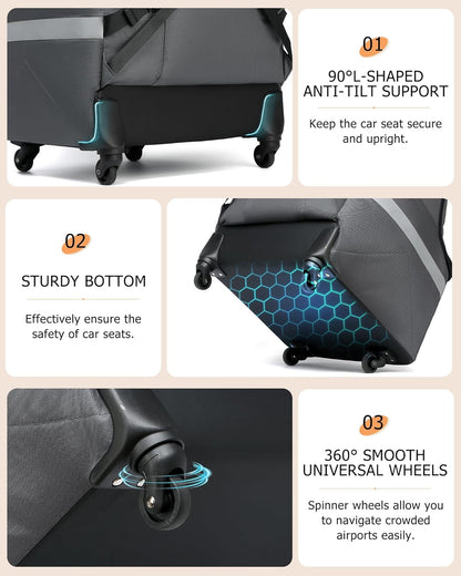 MCBD Car Seat Travel Bag for Airplane, Foldable Baby Carseat Backpack for Travel Padded Carseat Carrier for Airport Gate Check, Infant Stroller Cover with Reflective Strips