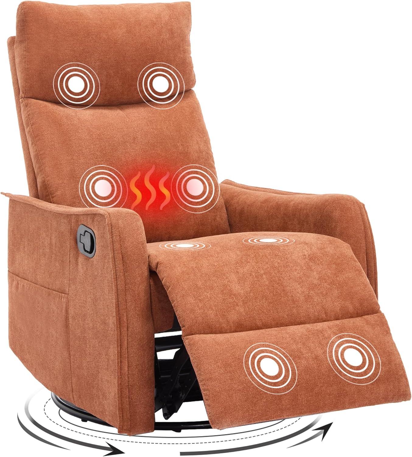 Trustyue Swivel Rocker Recliner Chair, 360° Swivel Recliner with Heat and Massage, Rocker Recliner Nursery Glider Chair with Side Pockets for Living Room (Beige, Fabric)