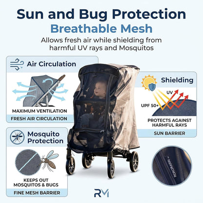 Large Stroller Sunshade & Rain Cover-Protect Your Baby Stroller from Sun, Rain, Wind, Dust-Built in Mosquito Netting-Universal Weather Shield for Baby Carriage