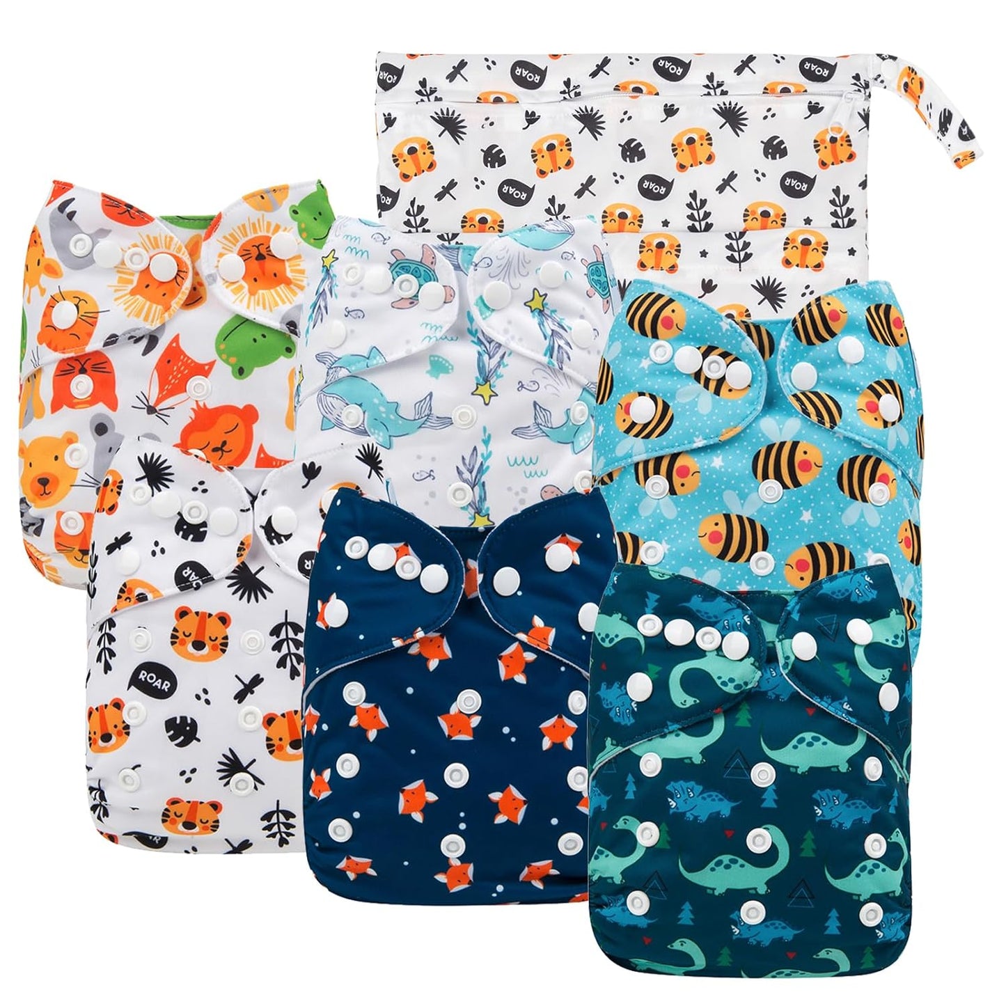 babygoal Cloth Diaper Covers 6 Pack with Wet Bag for Fitted Diapers and Prefolds with Double Gussets, Adjustable and Reusable for Baby Boys and Girls