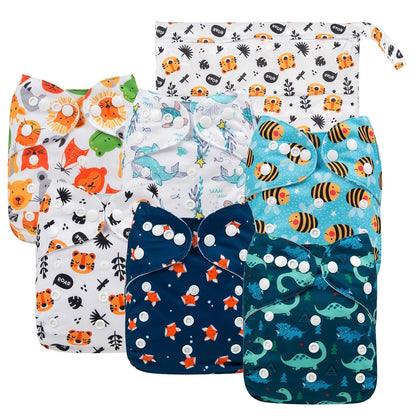 babygoal Cloth Diaper Covers 6 Pack with Wet Bag for Fitted Diapers and Prefolds with Double Gussets, Adjustable and Reusable for Baby Boys and Girls