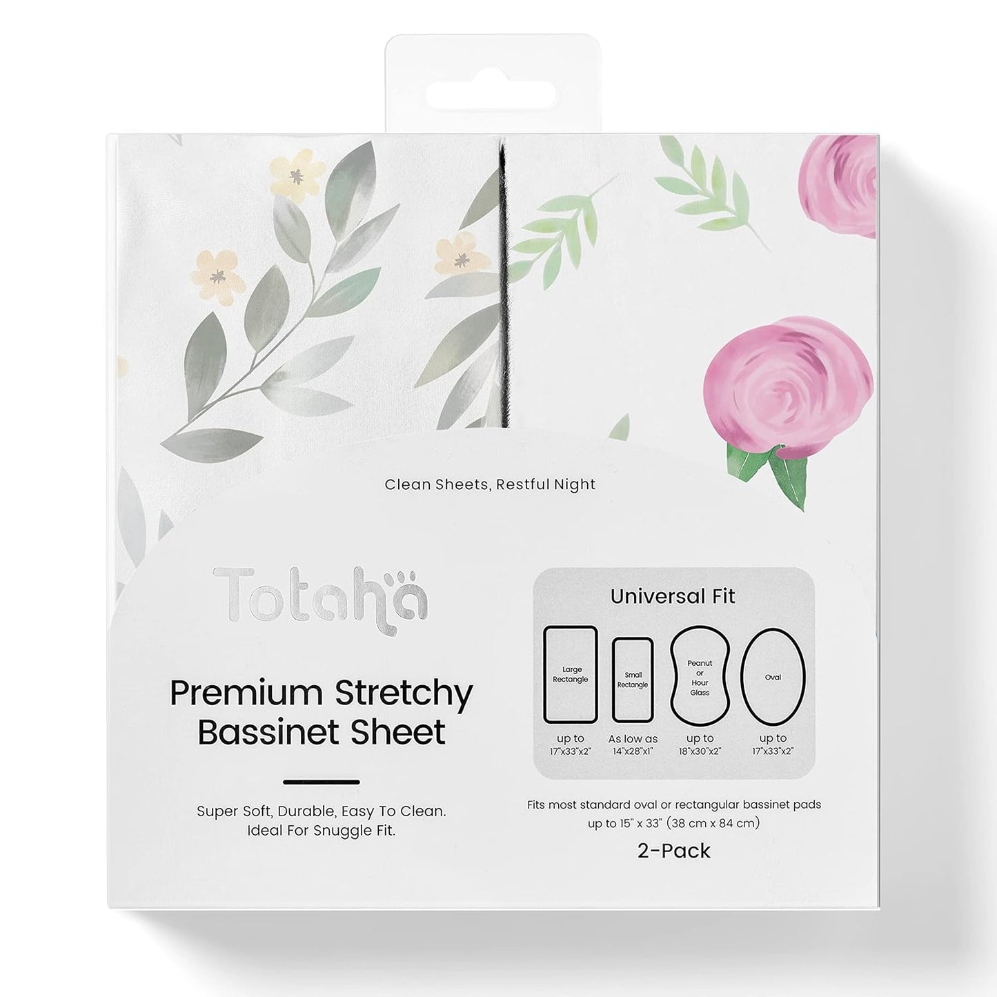 TotAha Premium Stretchy Bassinet Sheets for Baby Girl, Silky Comfort Cradle Sheets Fitted 18 x 36 for Oval, Rectangular, Hourglass Mattress, Hypoallergenic, Buttery Soft 2-Pack (Floral & Pale Pink)