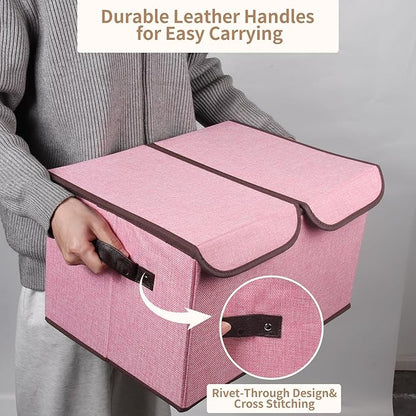 Foldable Fabric Storage Box with Double-Lid & Dividers, Large Organizer for Home, Closet, Office (Pink, 2 Packs)