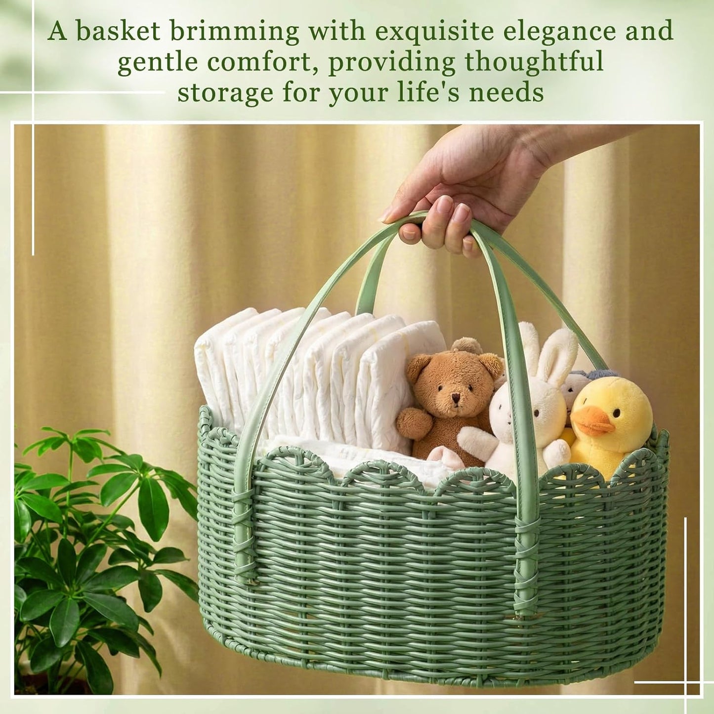 Premium PE Rattan Diaper Caddy Organizer with Handles, Easy-clean PE Wicker Storage Basket, Sage Green Nursery Organizer for Baby Essentials & Baby Shower Gifts