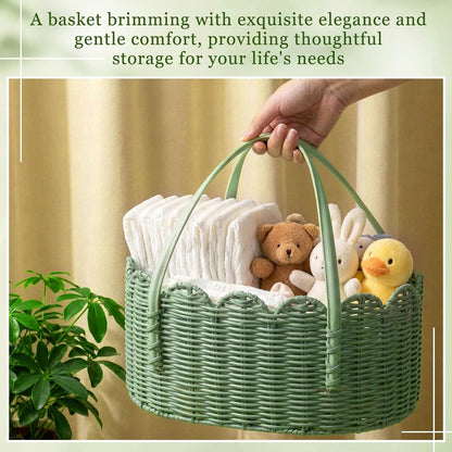 Premium PE Rattan Diaper Caddy Organizer with Handles, Easy-clean PE Wicker Storage Basket, Sage Green Nursery Organizer for Baby Essentials & Baby Shower Gifts