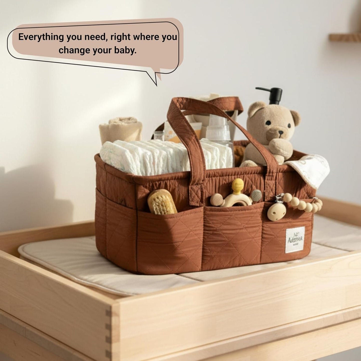 Adonia & Co Diaper Caddy Organizer – Nursery Storage Basket for Newborn Essentials Must Haves & Baby Must Haves – Portable, Machine Washable Baby Diaper Bag Organizer (Brown)