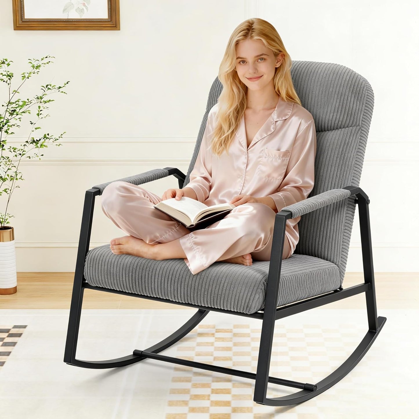 HOMEFUN Nursery Rocking Chair,Patio Rocking Chair,Upholstered Glider Rocker with Padded Seat and High Backrest Safe and Comfy Armchair for Living Room Office,Front Porch, Garden, Patio, Backyard Cream