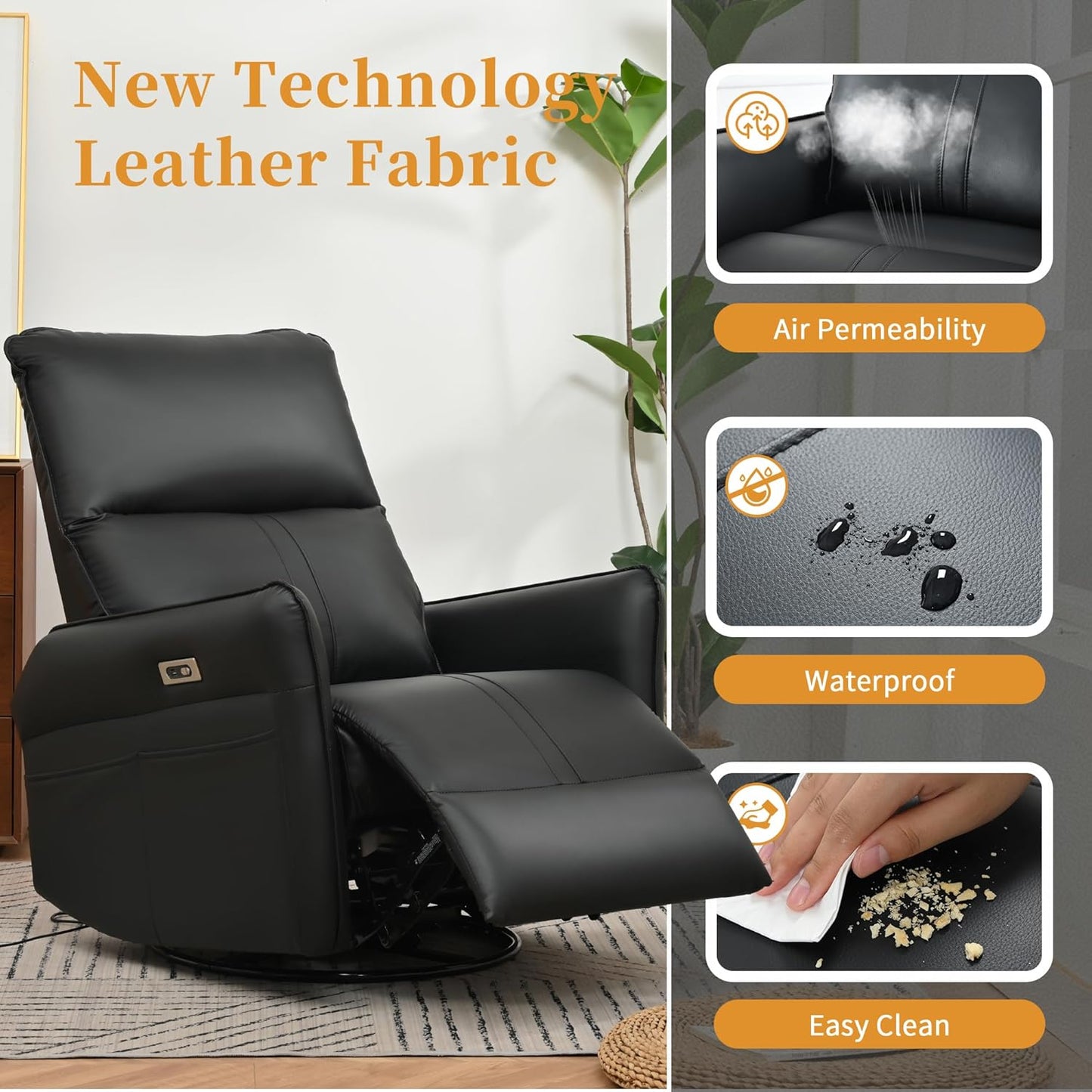 Power Swivel Rocker Recliner Chair for Nursery, Upholstered Snowflake Velvet 270°Swivel Glider Rocker Chair with USB Ports, Small Power Recliners for Small Spaces Living Room