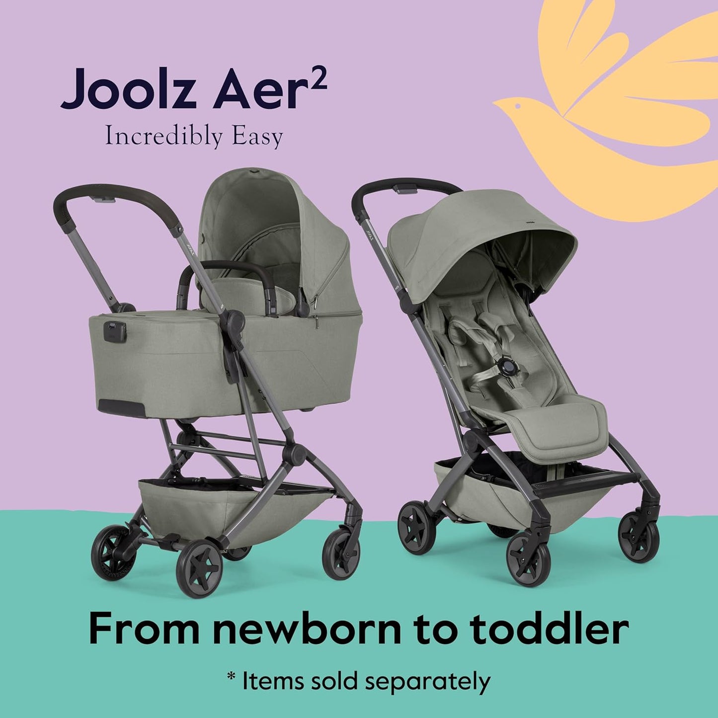Joolz Aer2 Lightweight Travel Stroller for Baby & Toddler – One-Hand Fold, Compact Carry-On Airplane Approved, Reclining Seat, UPF 50+ Canopy, Travel Pouch, Baby Net – Forest Green