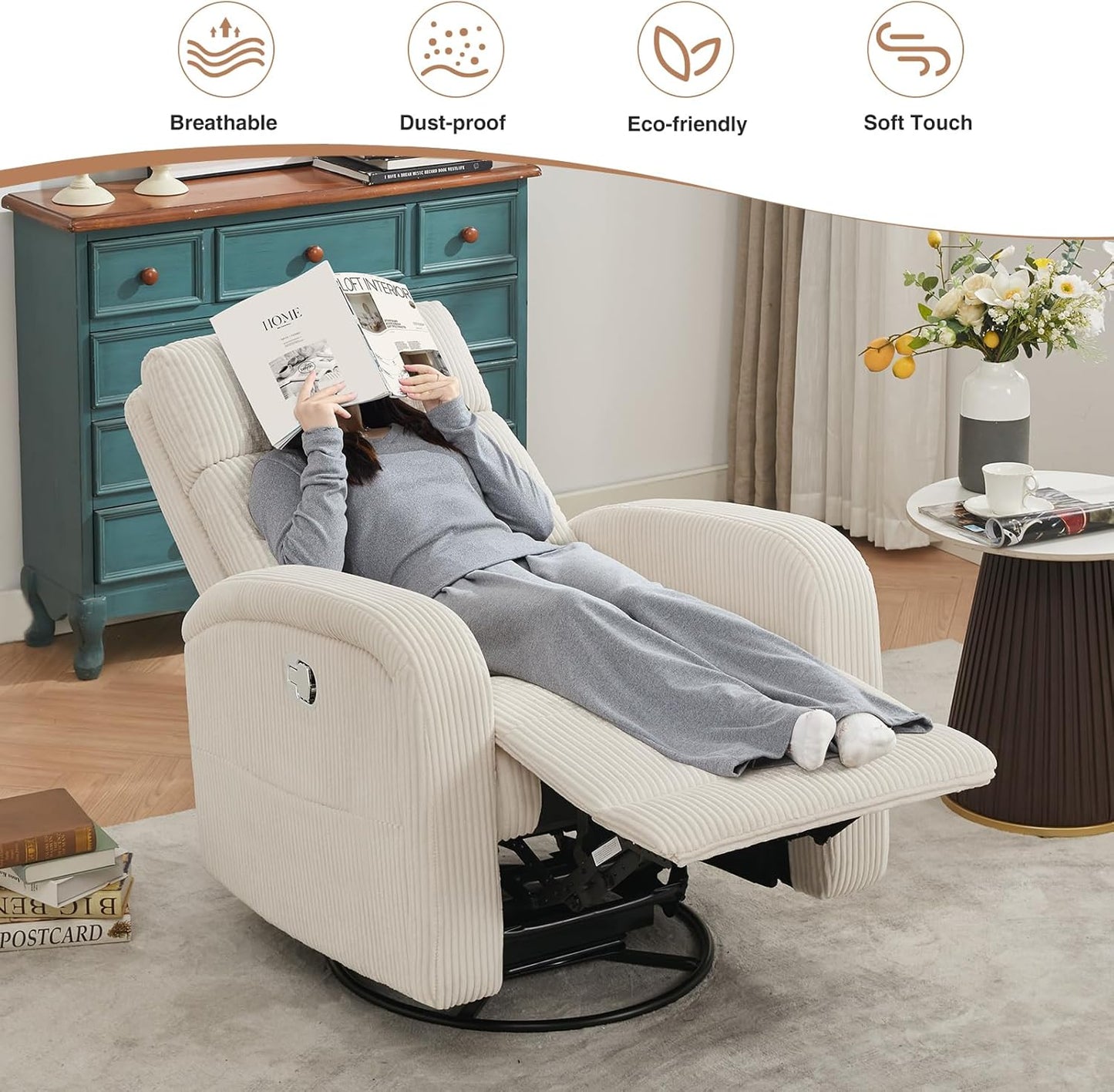 Power Swivel Rocker Recliner Chair for Nursery, Swivel Reclining Rocking Chairs, Electric Glider for Living Room, Upholstered Recliner Chairs for Bedroom, Corduroy White