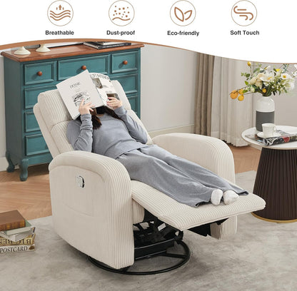 Power Swivel Rocker Recliner Chair for Nursery, Swivel Reclining Rocking Chairs, Electric Glider for Living Room, Upholstered Recliner Chairs for Bedroom, Corduroy White