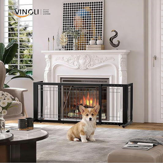Bonnlo Free Standing Dog Gate, 37" - 68" Wide Pet Gate for Fireplace Stairs Doorways, Wooden Adjustable Pet Fence Indoor, Christmas Tree Gate (Black)