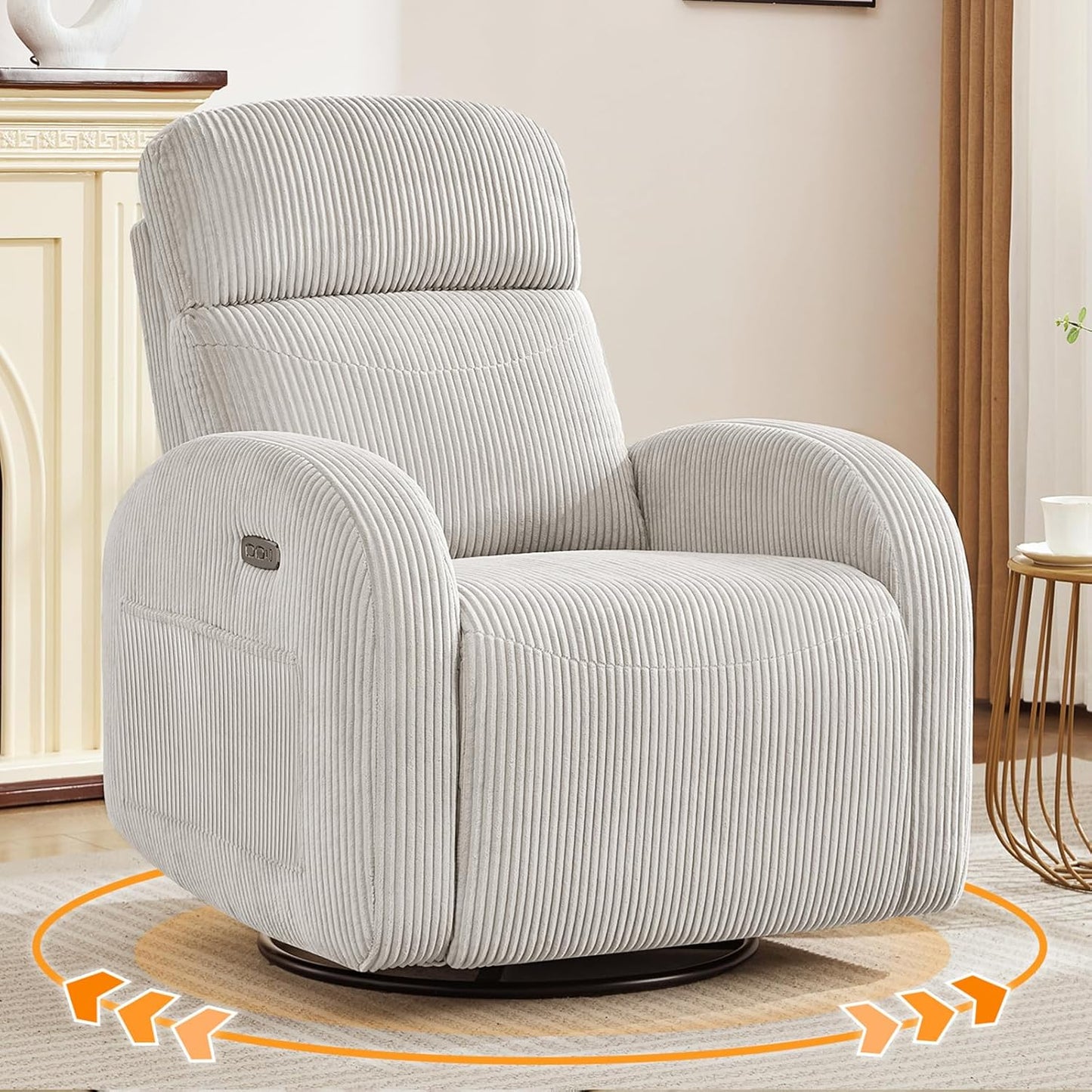 Nursery Glider Recliner, Power Swivel Rocking Recliner with USB & Type-C Port, Swivel Nursering Reclining Rocker with Double Pockets for Living Room, Camel Chenille