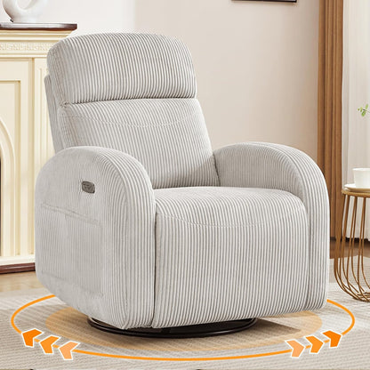 Nursery Glider Recliner, Power Swivel Rocking Recliner with USB & Type-C Port, Swivel Nursering Reclining Rocker with Double Pockets for Living Room, Camel Chenille