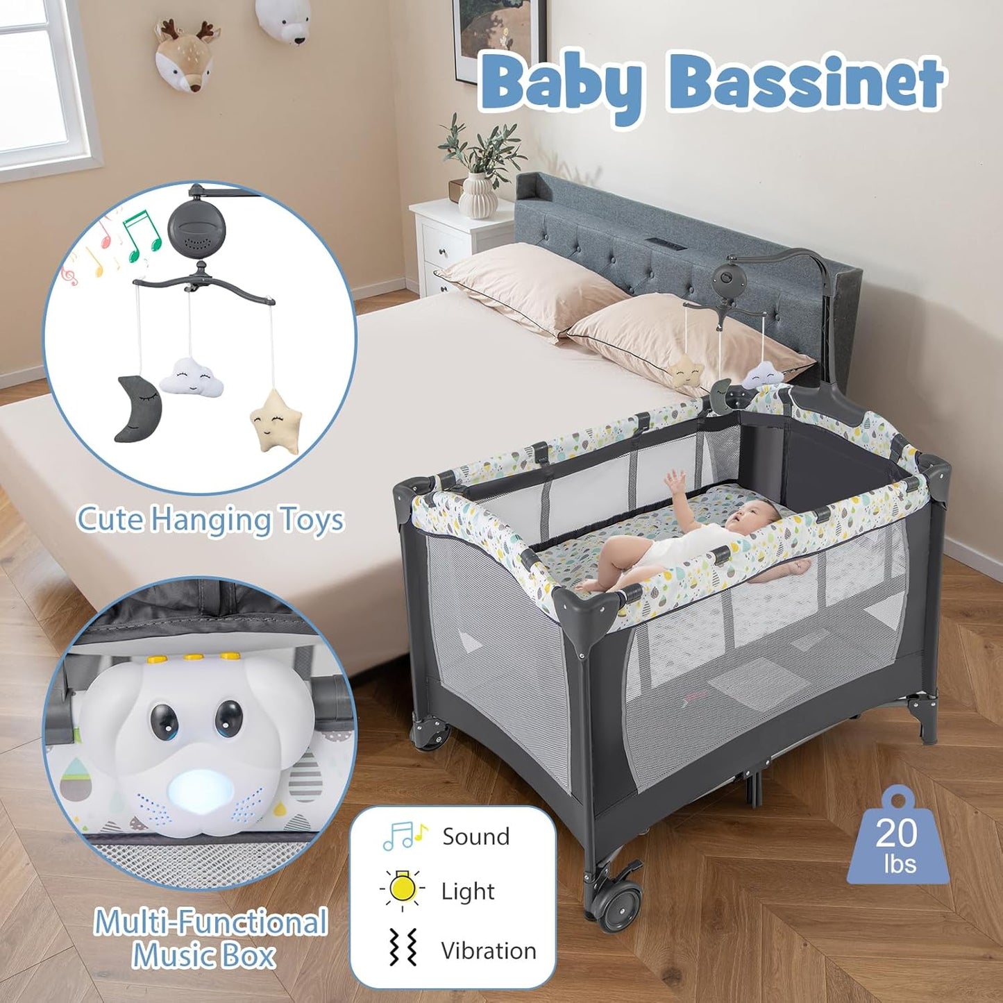 HONEY JOY Pack and Play, 4 in 1 Portable Baby Playard with Bassinet, Changing Table, Lockable Wheels, Music Box, Foldable Travel Baby Crib Nursery Center from Newborn to Toddler (Dark)
