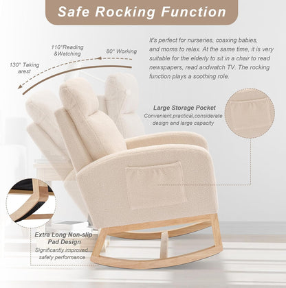 Nursery Rocking Chair with Solid Wood Legs, Glider Chair for Nursery with Two Side Pockets, Rocker Armchair for Living Room Bedroom (Ivory White, Teddy Fabric)