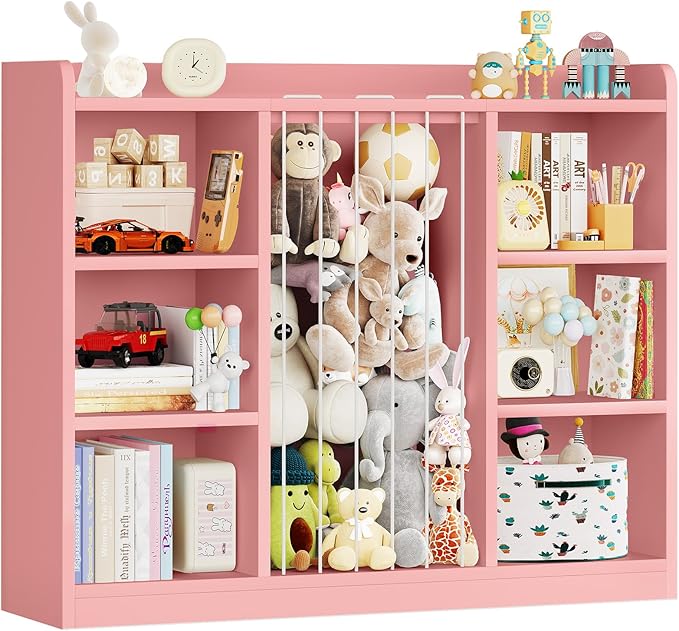 Toddler Stuffed Animal Zoo, Toy Storage Organizer for Playroom, Plush Toy Organizers and Storage, Book Shelf for Kids Rooms, Elastic Band Child Bookcase, Toy Shelf with 8 Storage Cubbies (Pink)