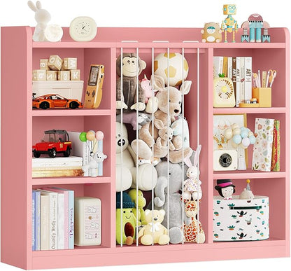 Toddler Stuffed Animal Zoo, Toy Storage Organizer for Playroom, Plush Toy Organizers and Storage, Book Shelf for Kids Rooms, Elastic Band Child Bookcase, Toy Shelf with 8 Storage Cubbies (Pink)