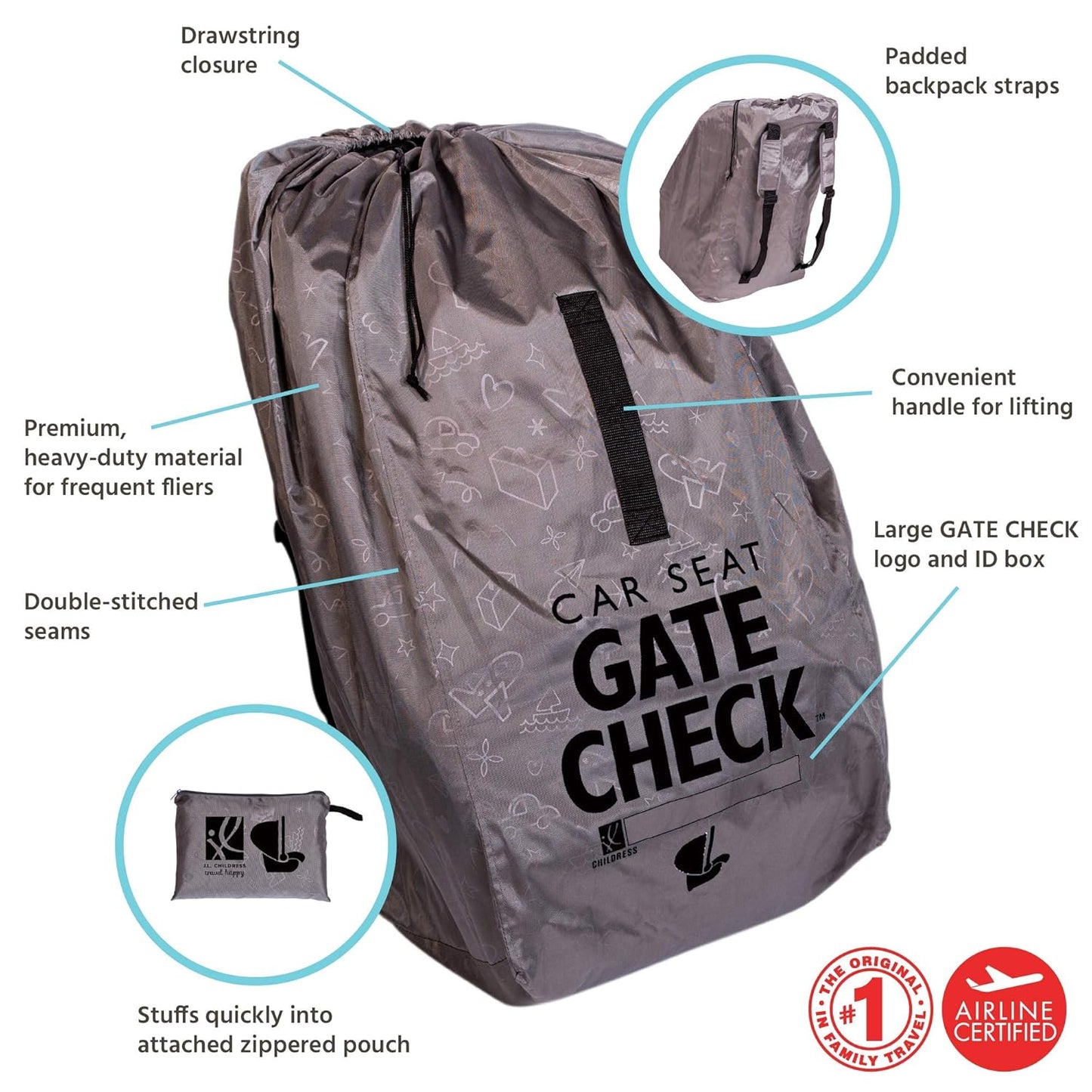 J.L. Childress Gate Check Travel Bag for Car Seats - Car Seat Travel Bag for Airplane, Includes AIRTAG Holder, Fits All Baby Carriers, Infant Carriers & Child Booster Seats - Neon Blue