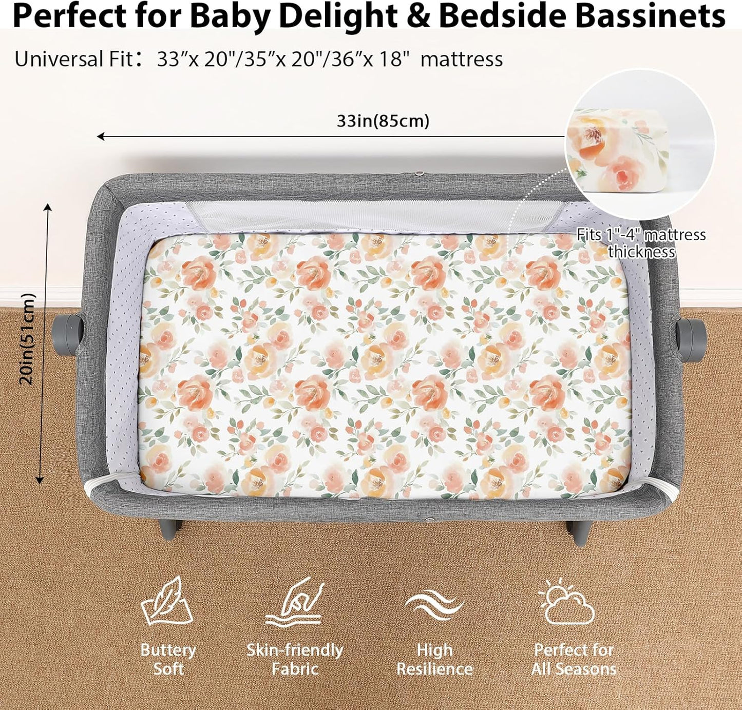 Baby Bedside Bassinet Sheets Girl, 33”x20” Compatible with Baby Delight Dream On Me & Most Rectangle Bedside Sleeper Bassinet Mattress, Super Soft Microfiber Pink Butterfly Flower