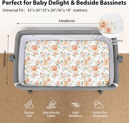 Baby Bedside Bassinet Sheets Girl, 33”x20” Compatible with Baby Delight Dream On Me & Most Rectangle Bedside Sleeper Bassinet Mattress, Super Soft Microfiber Pink Butterfly Flower