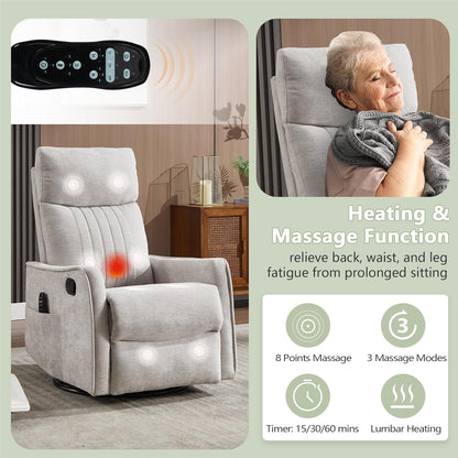 cinkehome Swivel Rocker Recliner, Glider Rocker Recliner Chair for Nursery, Manual Reclining Chair with Heated Massage, Small Spaces, Living Room, Khaki Chenille
