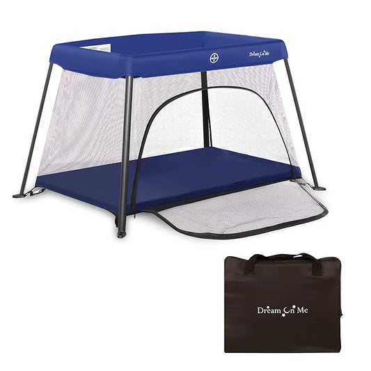 Dream On Me Travel Light Baby Playard with Zipper Access Door, Breathable Mesh Sides with Soft Comfortable Mattress, Easy Fold Design with Travel Carry Bag, Compact Space Saving Design - Navy