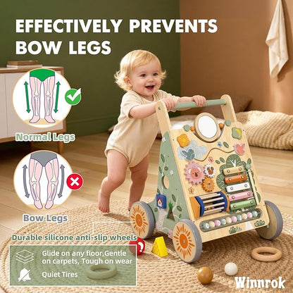 Wooden Baby Walker with Wheels, Speed & Height Adjustable, Baby Push Walker for 6-12 18 Months Boys Girls, Montessori Walker Easter Toy for 1 Year Old, Learning to Walk & Sit-to-Stand Activity Center