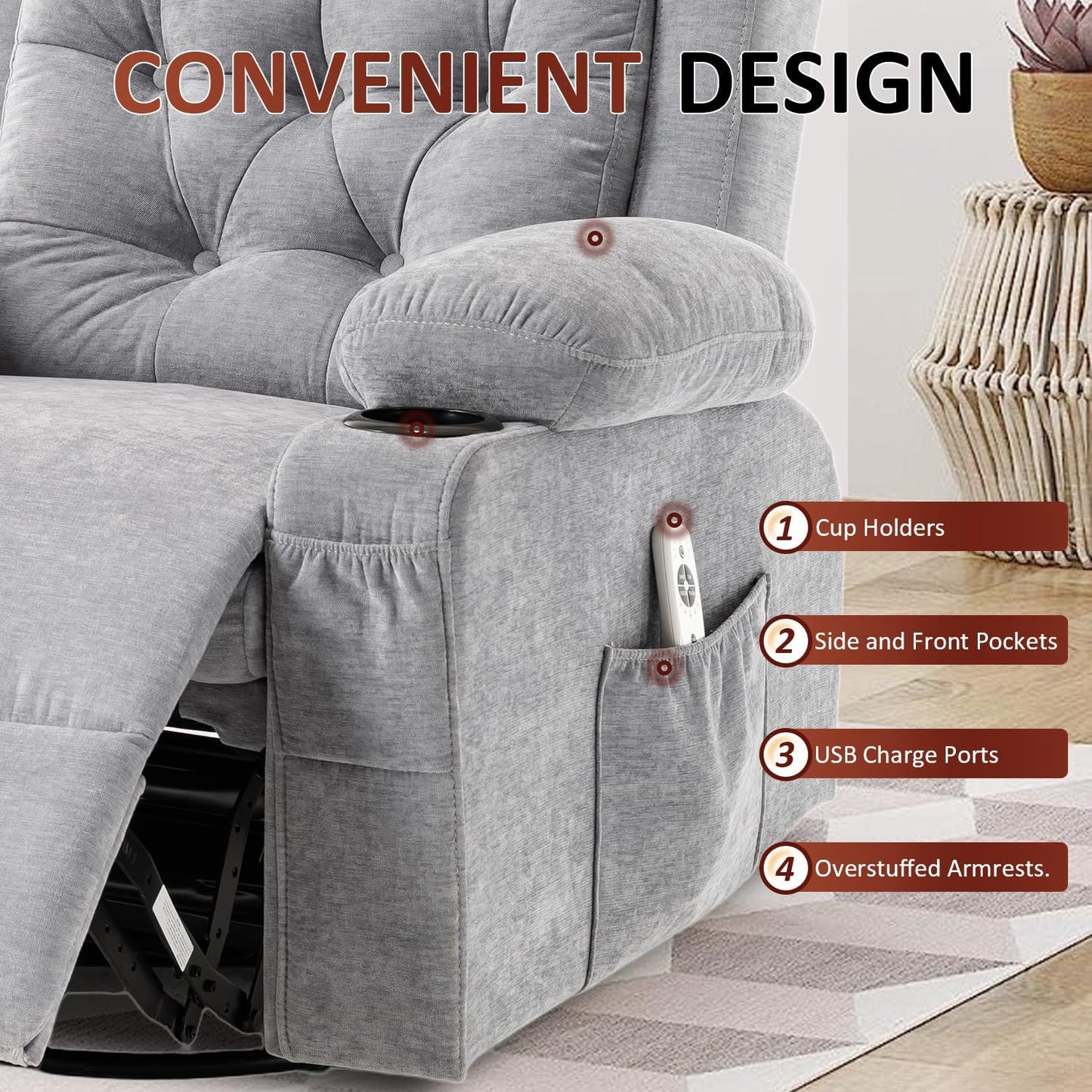 Rocker Recliner Chair with Massage and Heat, Oversized Rocking Nursery Recliners Overstuffed Swivel Glider with Cup Holder, Fabric Manual Single Sofa for Living Room, Beige