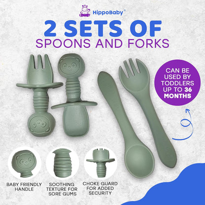HippoBaby Baby Led Weaning Supplies | 10 Piece Silicone Baby Feeding Set | Baby Toddler Bib Cup Divided Plate and Bowl Self Feeding Spoons Dish Set | Baby Utensils | Toddler Feeding Supplies (Sky)