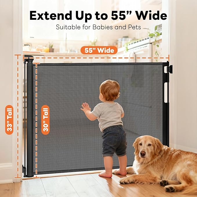 (2 Pack) Retractable Baby Gates for Doorways, Mesh Dog Gate for Stairs, Pet Gate Indoor, Extends to 55" Wide 33" Tall, Safety Toddlers Gates for Hallways, Indoor & Outdoor Use, Black