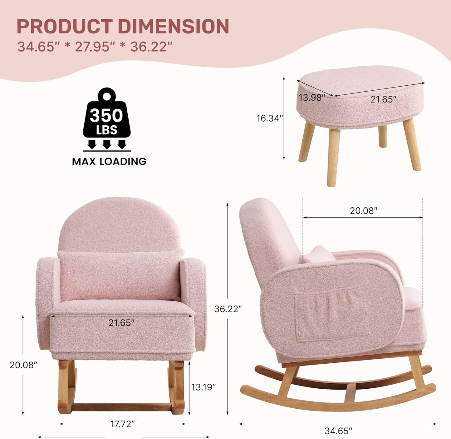 HCHAIRH Nursery Rocking Chair with Ottoman, Upholstered Glider Rocker with High Backrest Side Pocket, Rocking Accent Armchair with Solid Wood Legs for Nursery, Living Room, Bedroom, Light Grey
